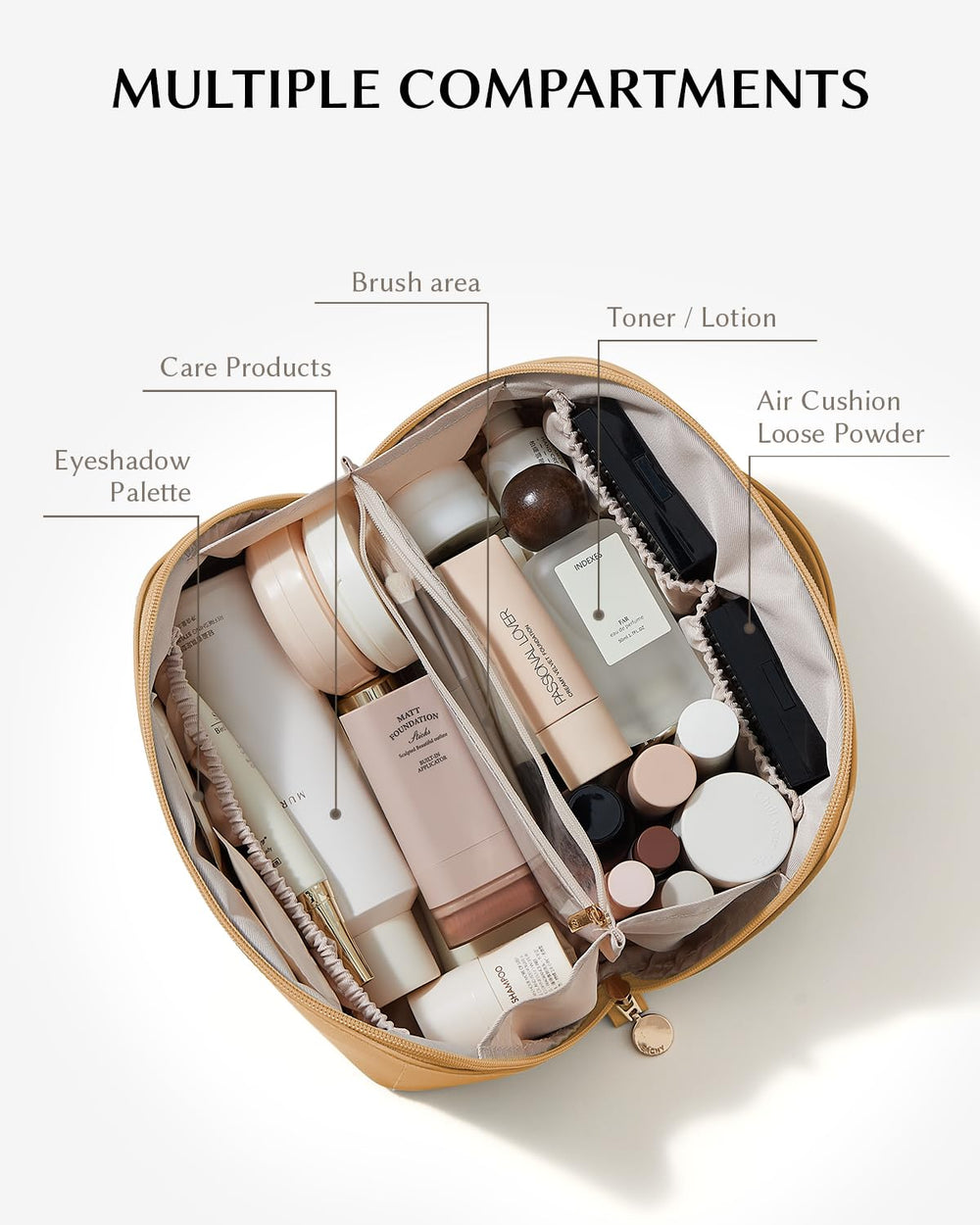 Eachy travel makeup bag interior with divider and clear TPU brush compartment for visible storage