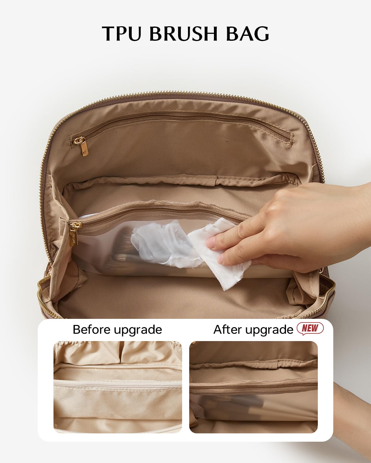 Eachy bag shows inner pockets and TPU brush holder for organized cosmetics.