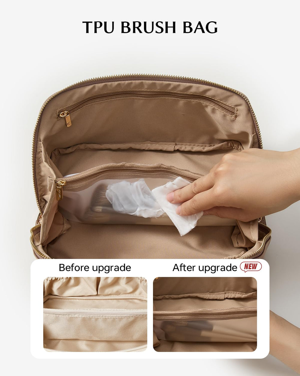 Eachy bag shows inner pockets and TPU brush holder for organized cosmetics.