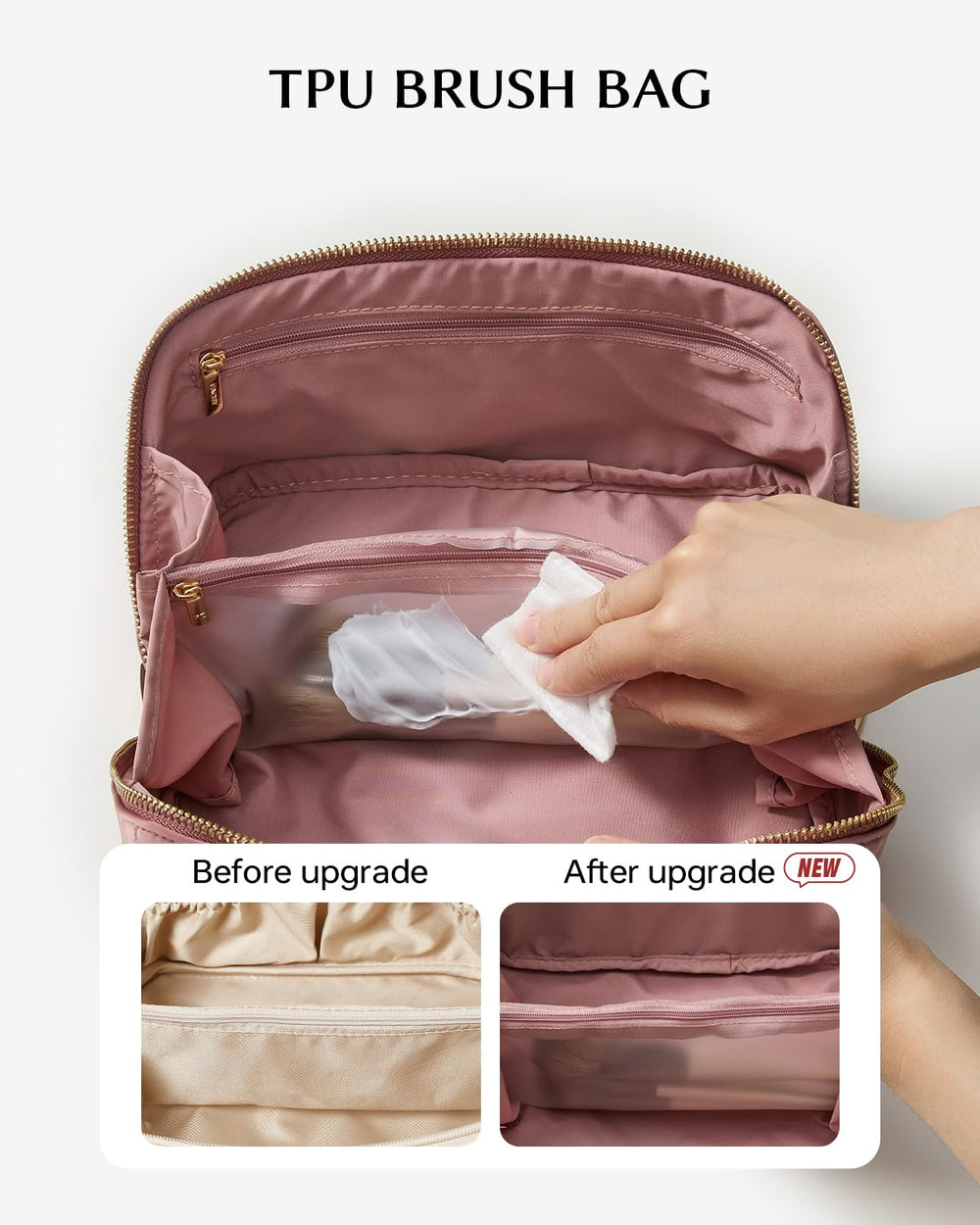 EACHY Travel Makeup Bag inner pockets brush holder keeps tools sorted.
