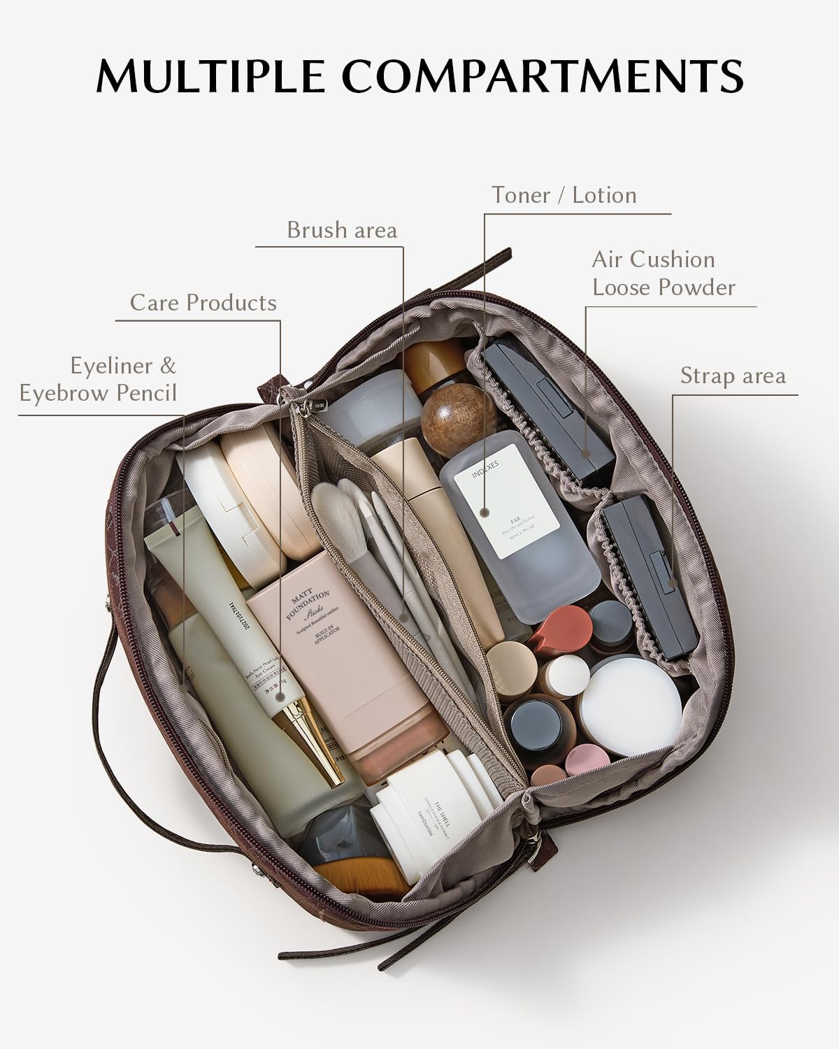 EACHY makeup bag inner pockets keep cosmetics neatly organized during travel