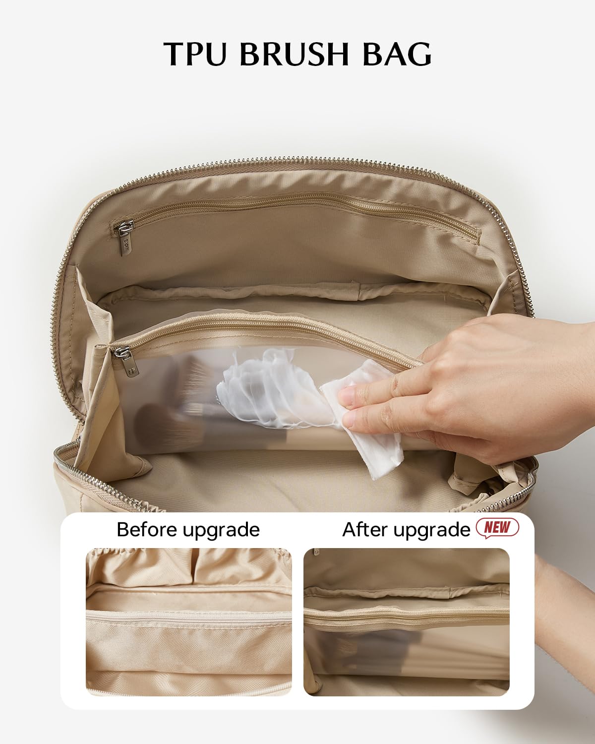 Eachy Travel Makeup Bag inner pockets and TPU brush holder keep cosmetics organized.