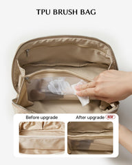 Eachy Travel Makeup Bag inner pockets and TPU brush holder keep cosmetics organized.