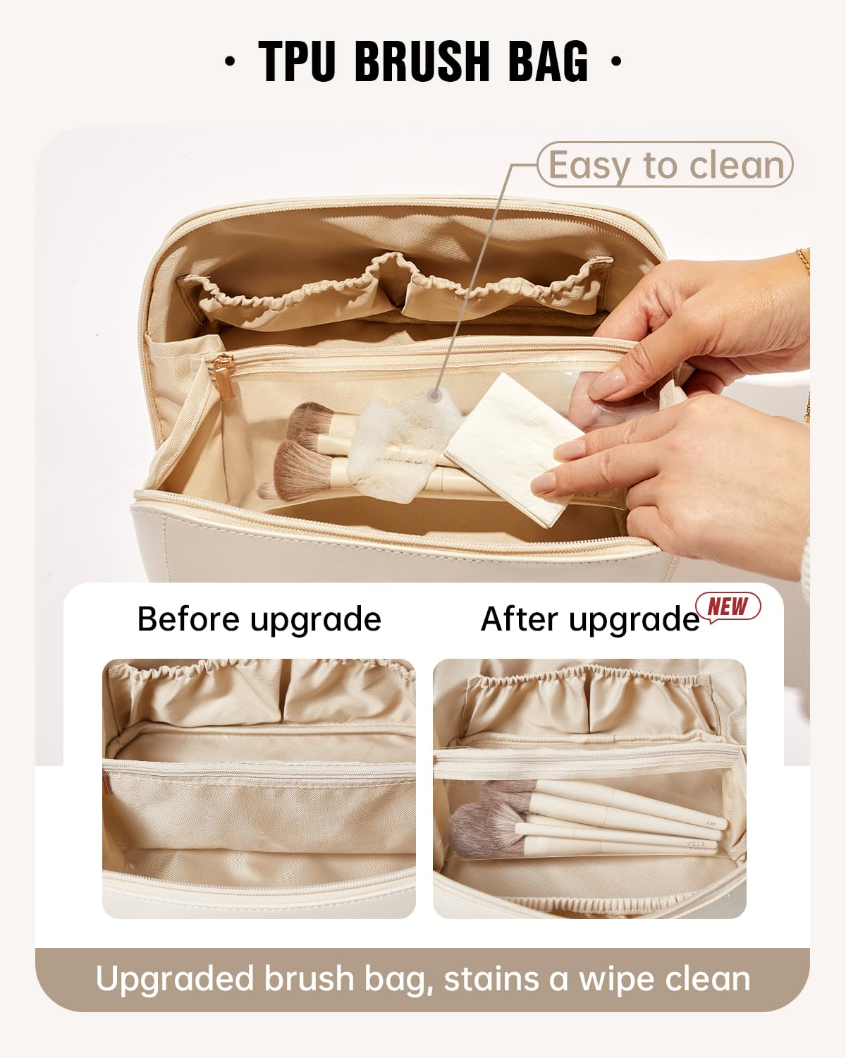 EACHY travel makeup bag inner pockets keep brushes and small products secure.
