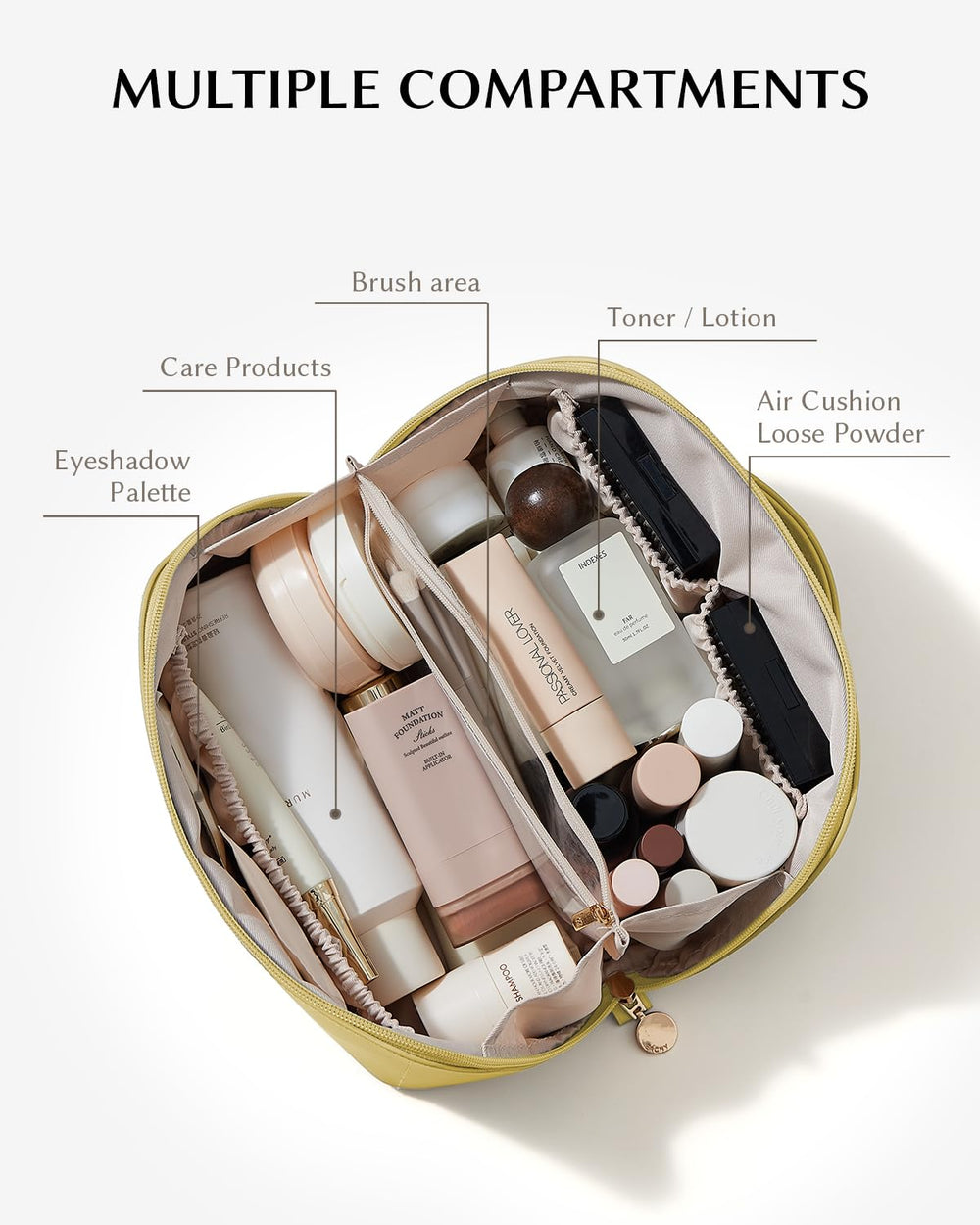 Eachy travel makeup bag interior pockets with divider keeps cosmetics neatly separated.