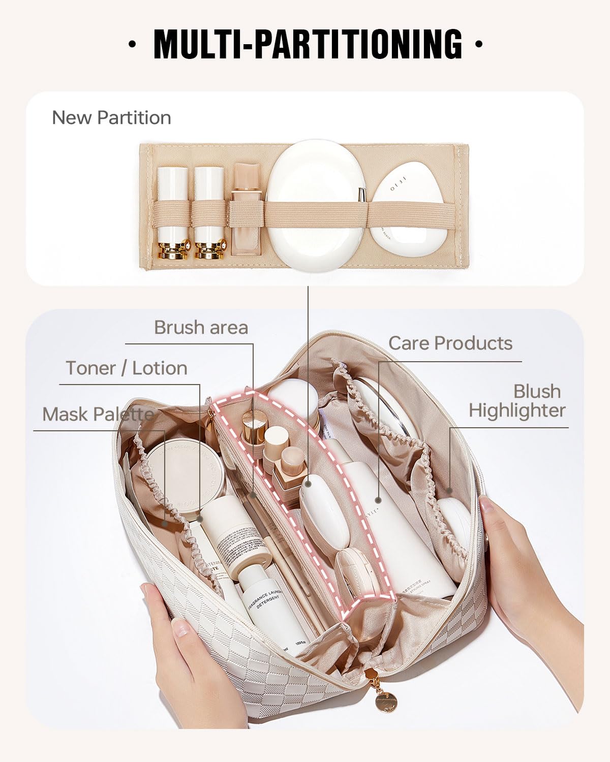 Eachy LD White makeup bag flat design shows full contents view