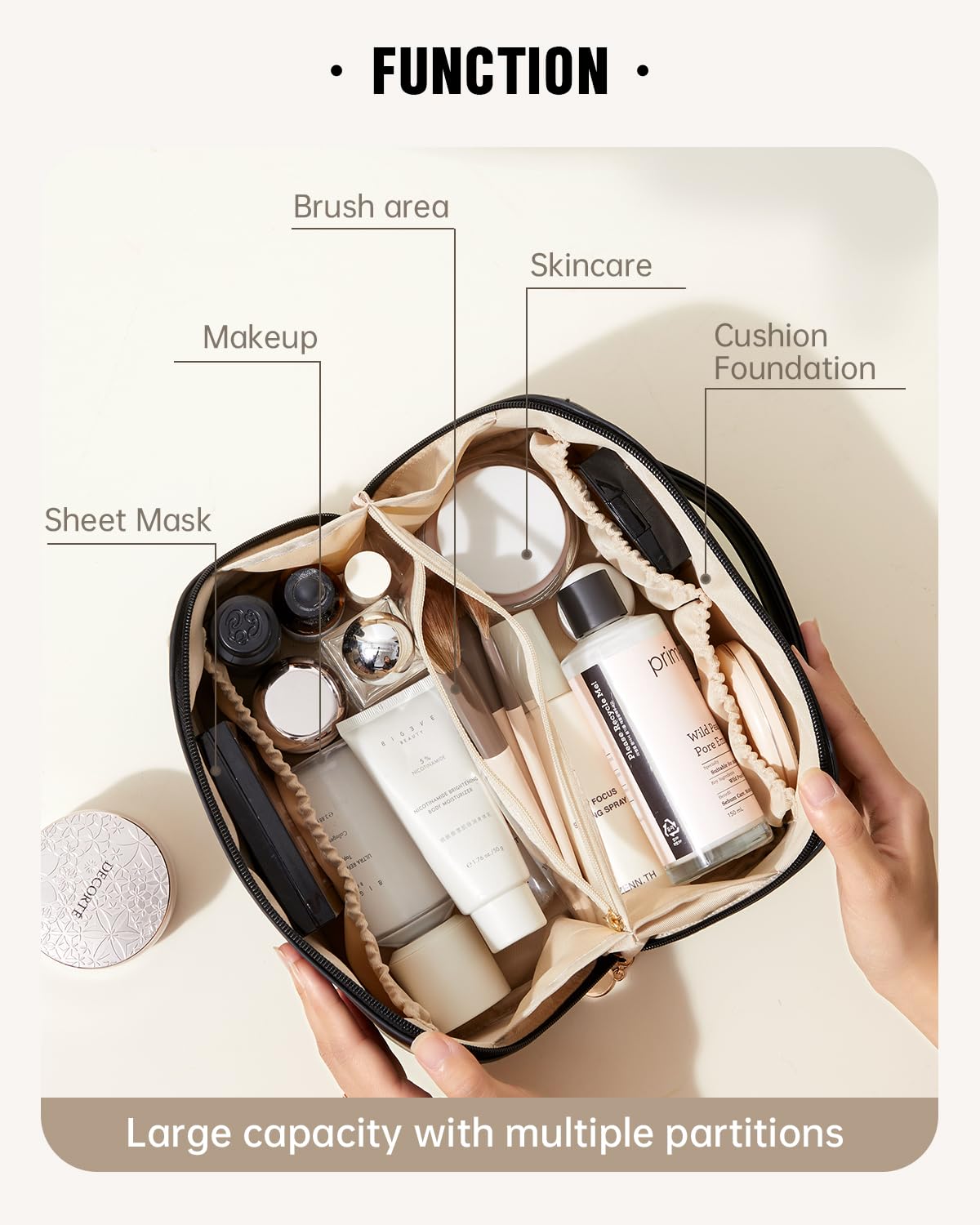 EACHY travel makeup bag open-flat view enables quick item access.