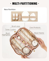 Eachy travel makeup bag open flat view demonstrates full item visibility for quick access