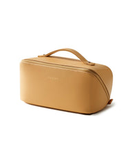 Eachy travel makeup bag open-flat view with organized inner pockets for quick cosmetics access