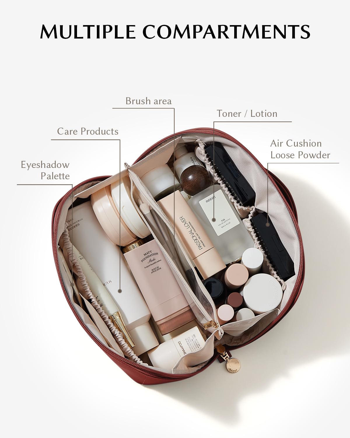 EACHY Travel Makeup Bag opened flat for full item visibility during packing.