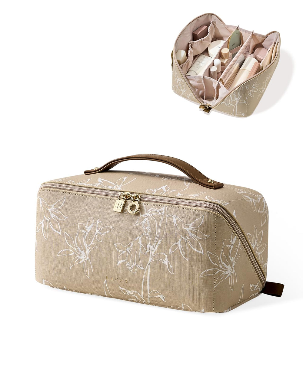 EACHY travel makeup bag open-flat for full item visibility and quick access