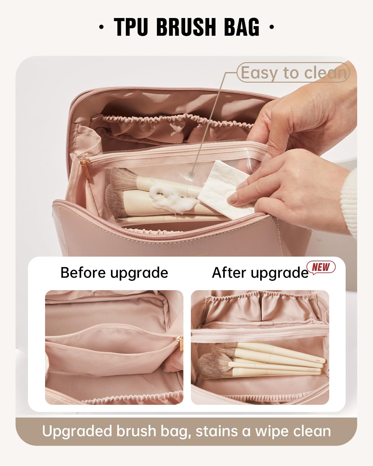 EACHY travel makeup bag pink interior with divider for organized cosmetics