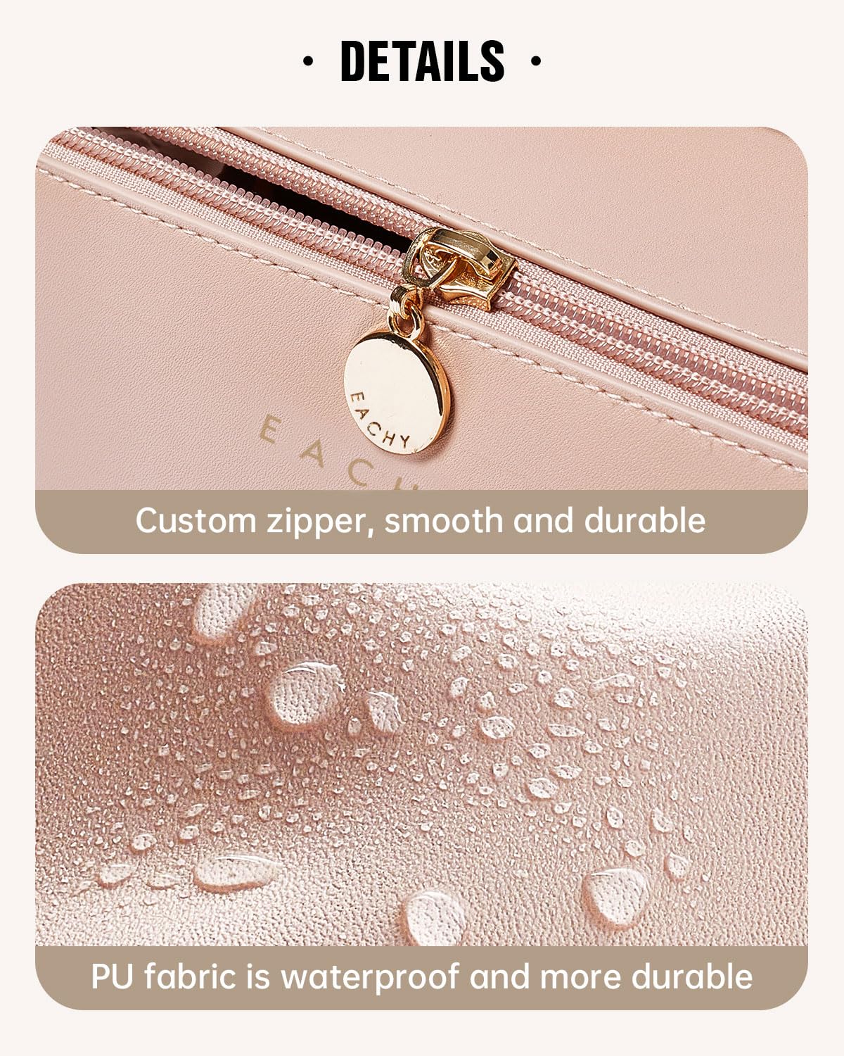 EACHY travel makeup bag pink metal zipper for smooth opening