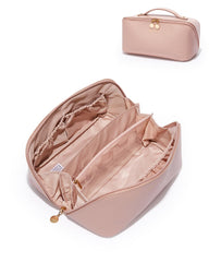 EACHY travel makeup bag pink exterior with flat opening for easy item visibility.