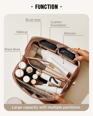 EACHY travel makeup bag pink open-flat view for easy access