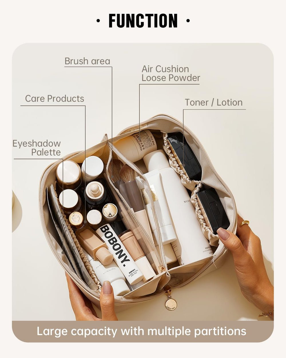 EACHY makeup bag waterproof PU leather finish protects items while traveling.