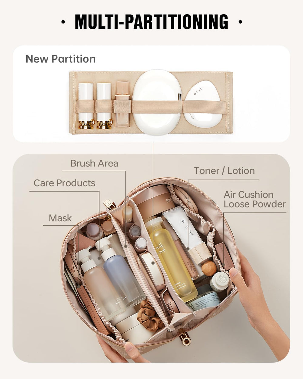 EACHY travel makeup bag spacious interior with organized pockets on the go