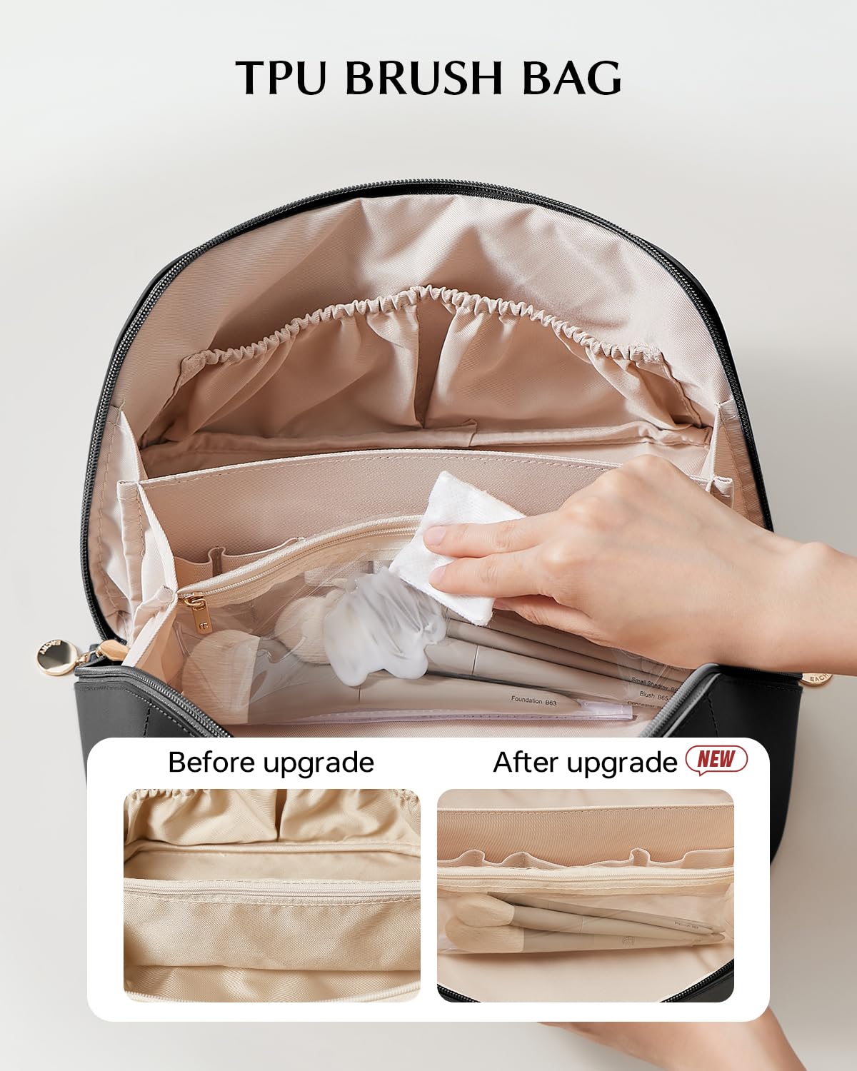 EACHY Travel Makeup Bag waterproof PU leather surface is easy to wipe clean on trips.