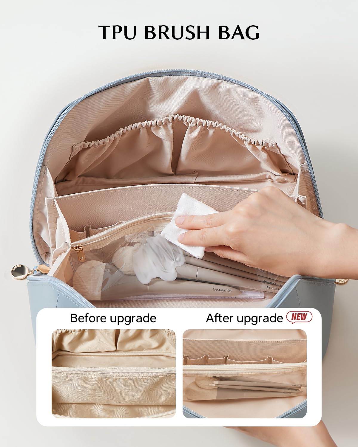 EACHY travel makeup bag waterproof PU leather highlights durable, easy cleaning for trips