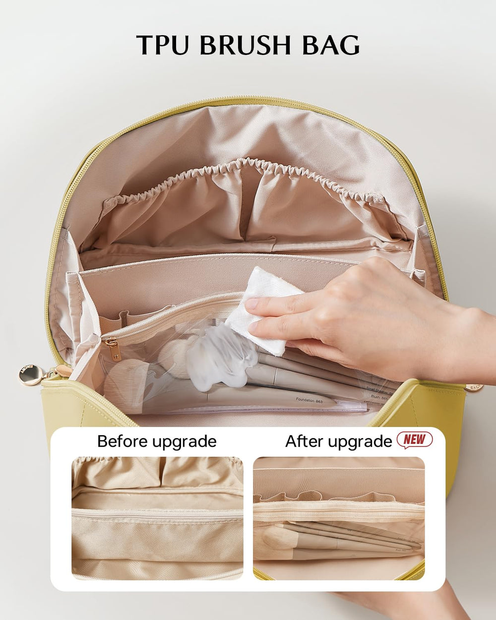 EACHY travel makeup bag waterproof PU exterior protects belongings during travel.