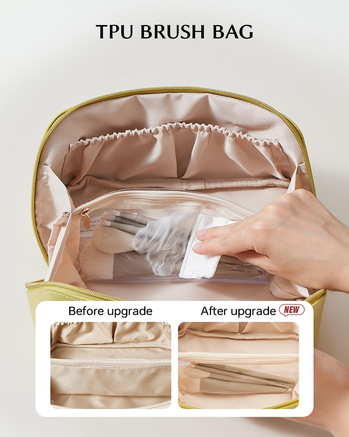 Eachy travel makeup bag in smooth waterproof PU leather for easy cleaning.