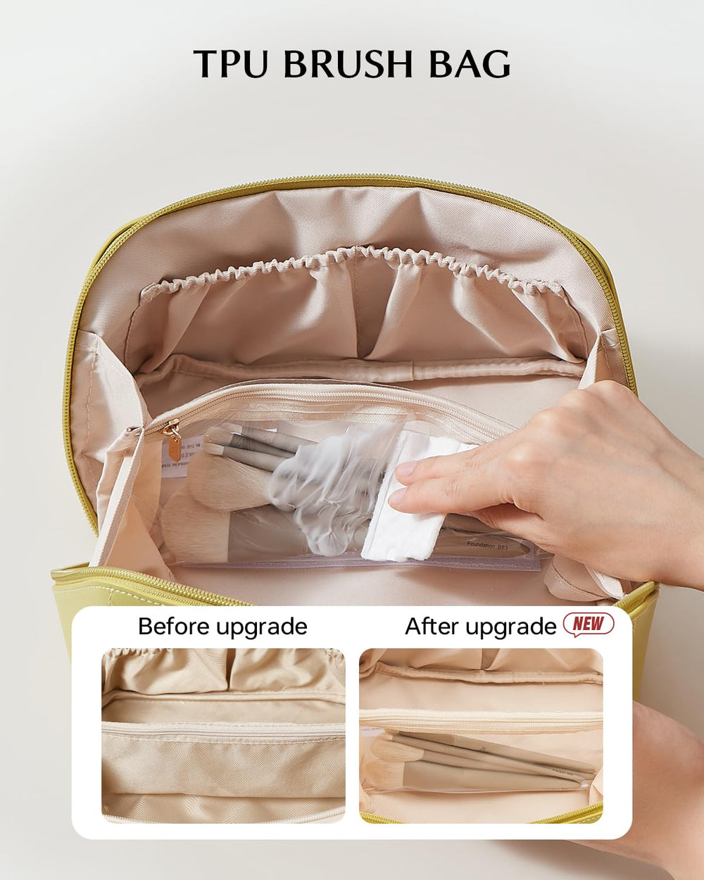 Eachy travel makeup bag in smooth waterproof PU leather for easy cleaning.