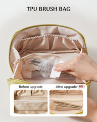 Eachy travel makeup bag in smooth waterproof PU leather for easy cleaning.