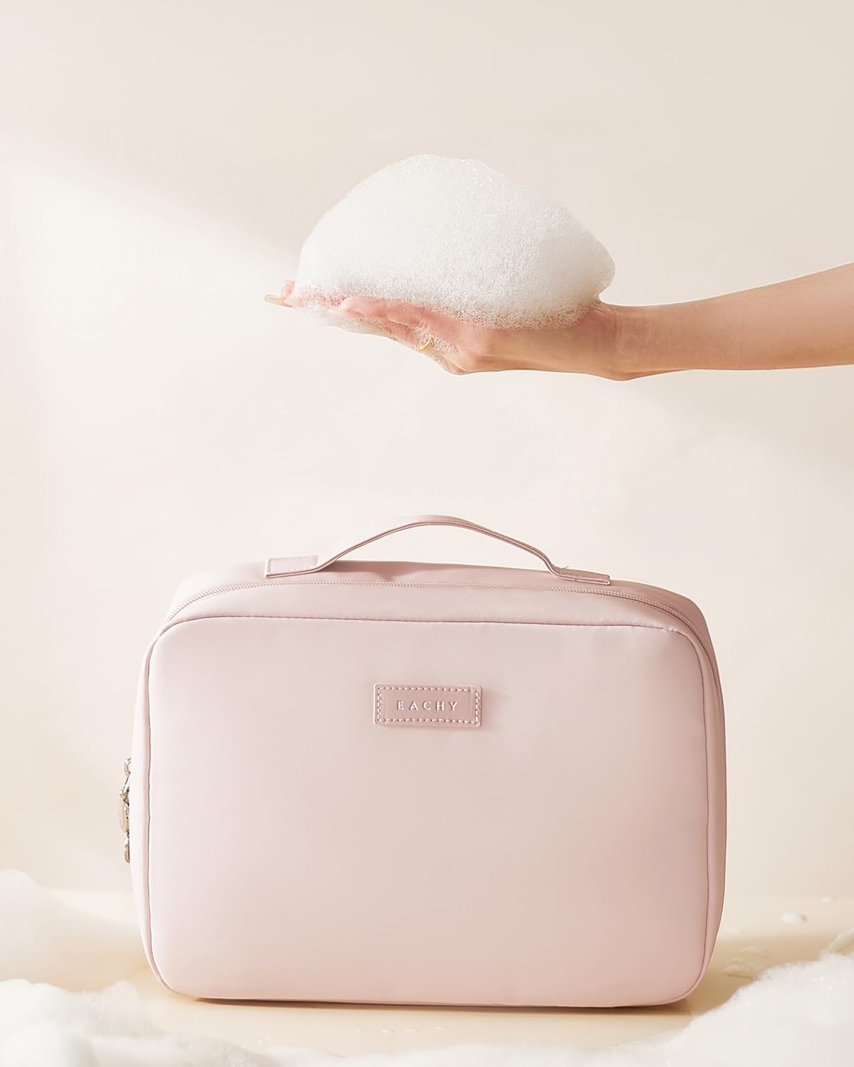 Eachy travel toiletry bag pink four-compartment layout for cosmetics
