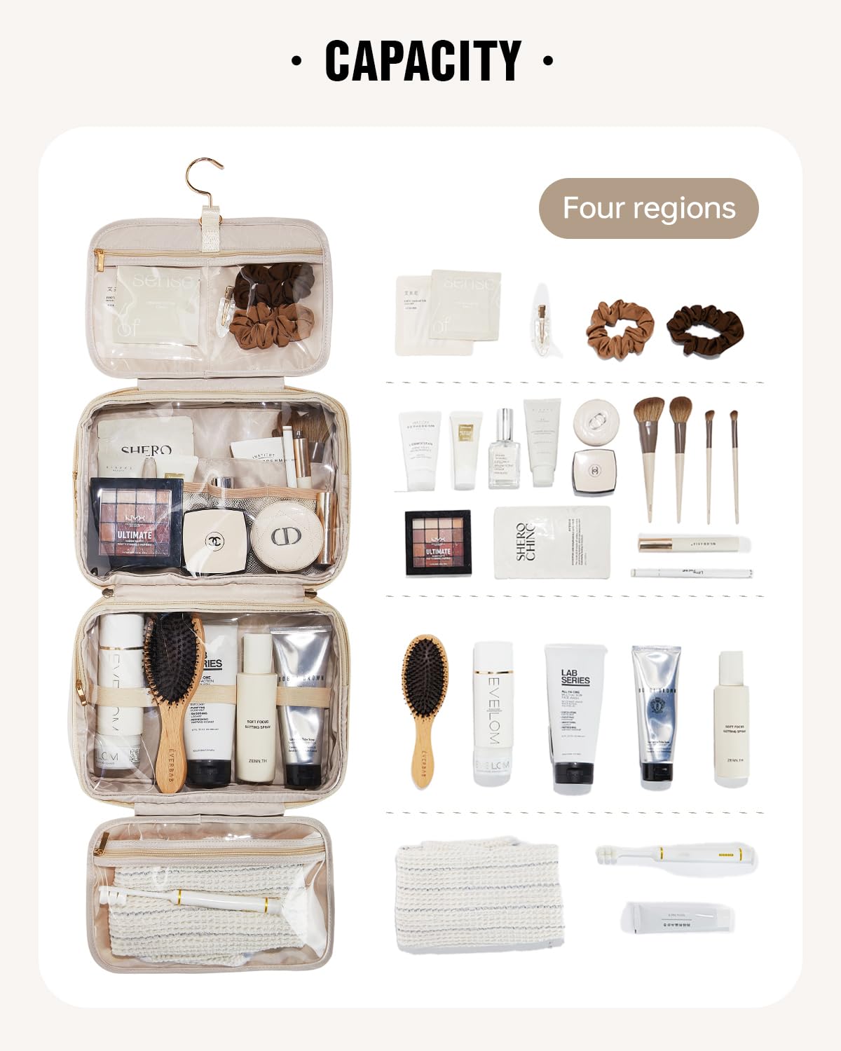 Eachy travel toiletry bag pink transparent partitions for visibility