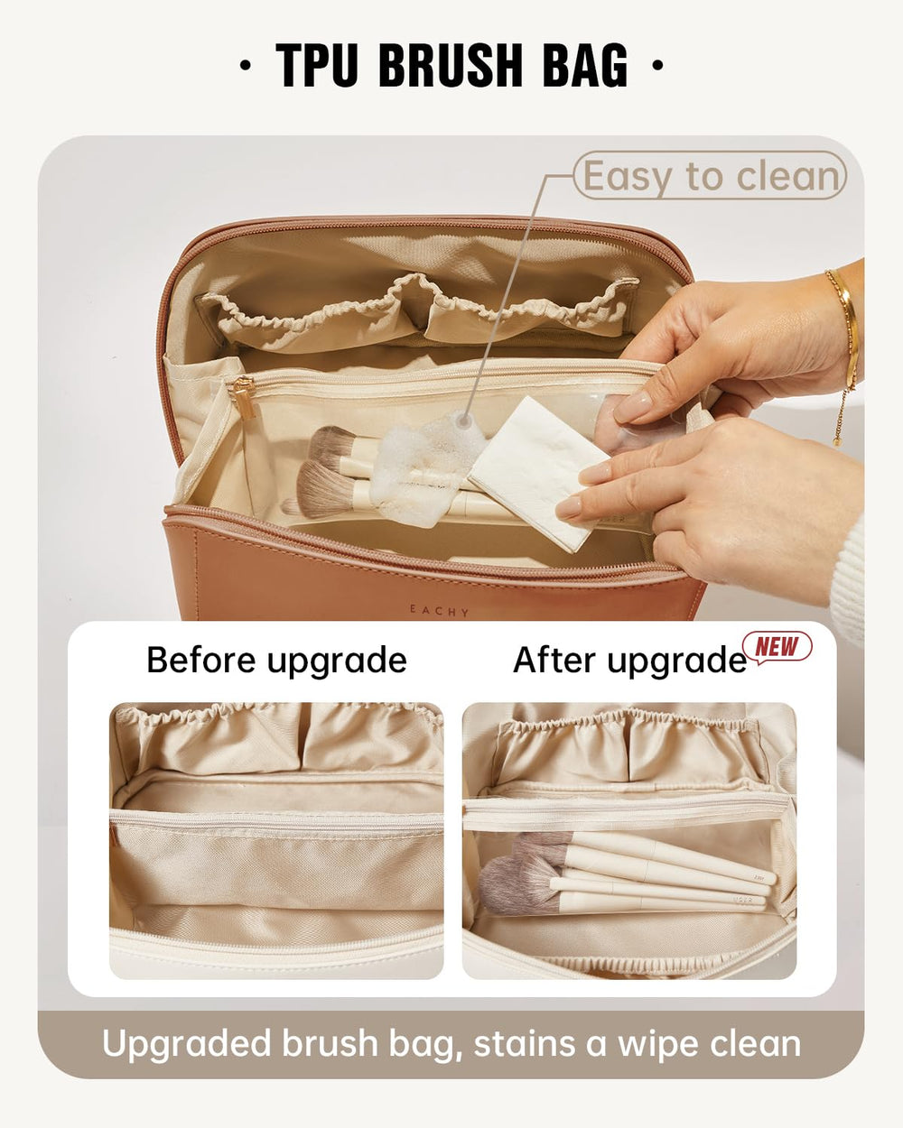Eachy waterproof PU leather exterior resists spills and wipes clean after busy travel days