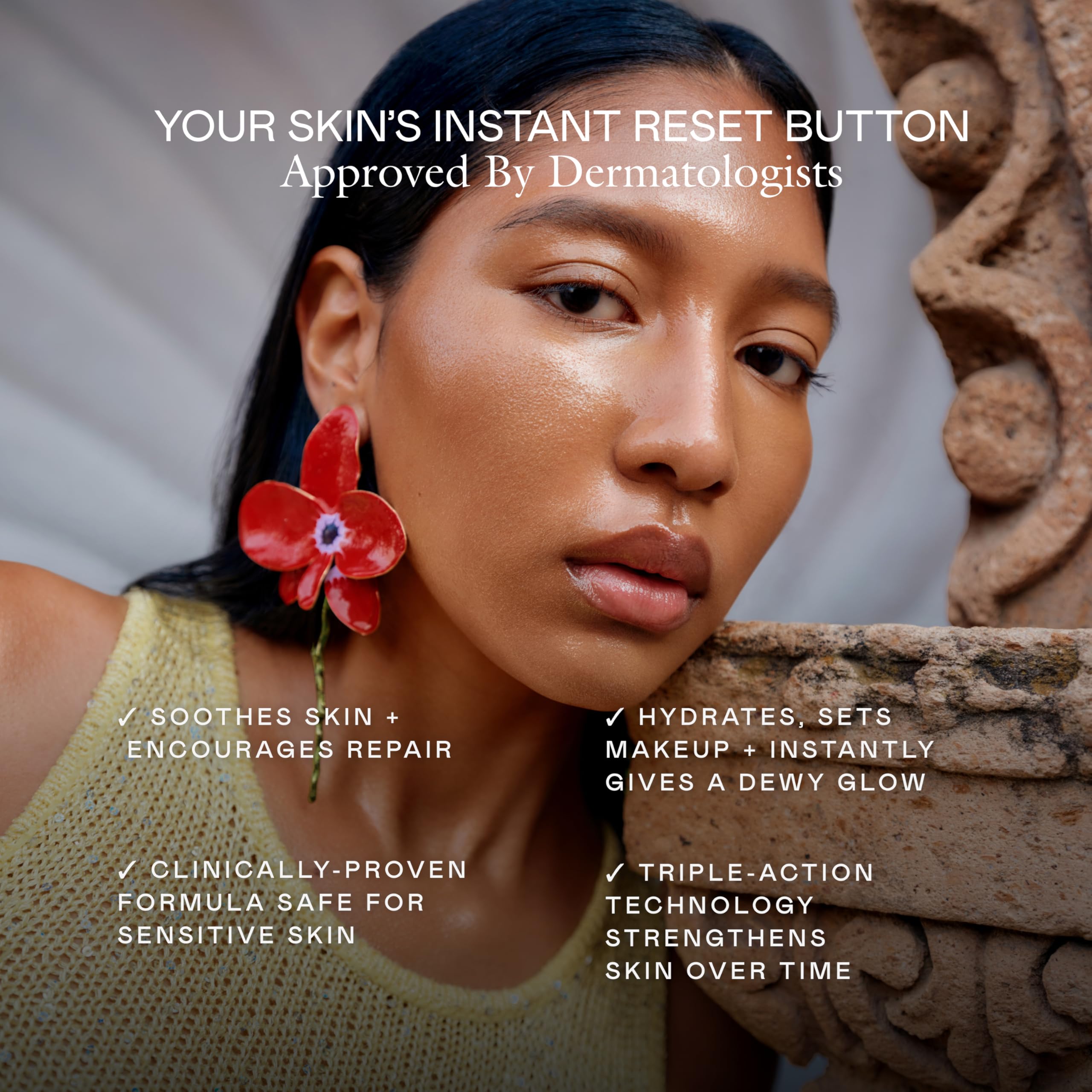 EADEM Mami-Wata mist application demonstrates quick, featherlight hydration during a busy day.