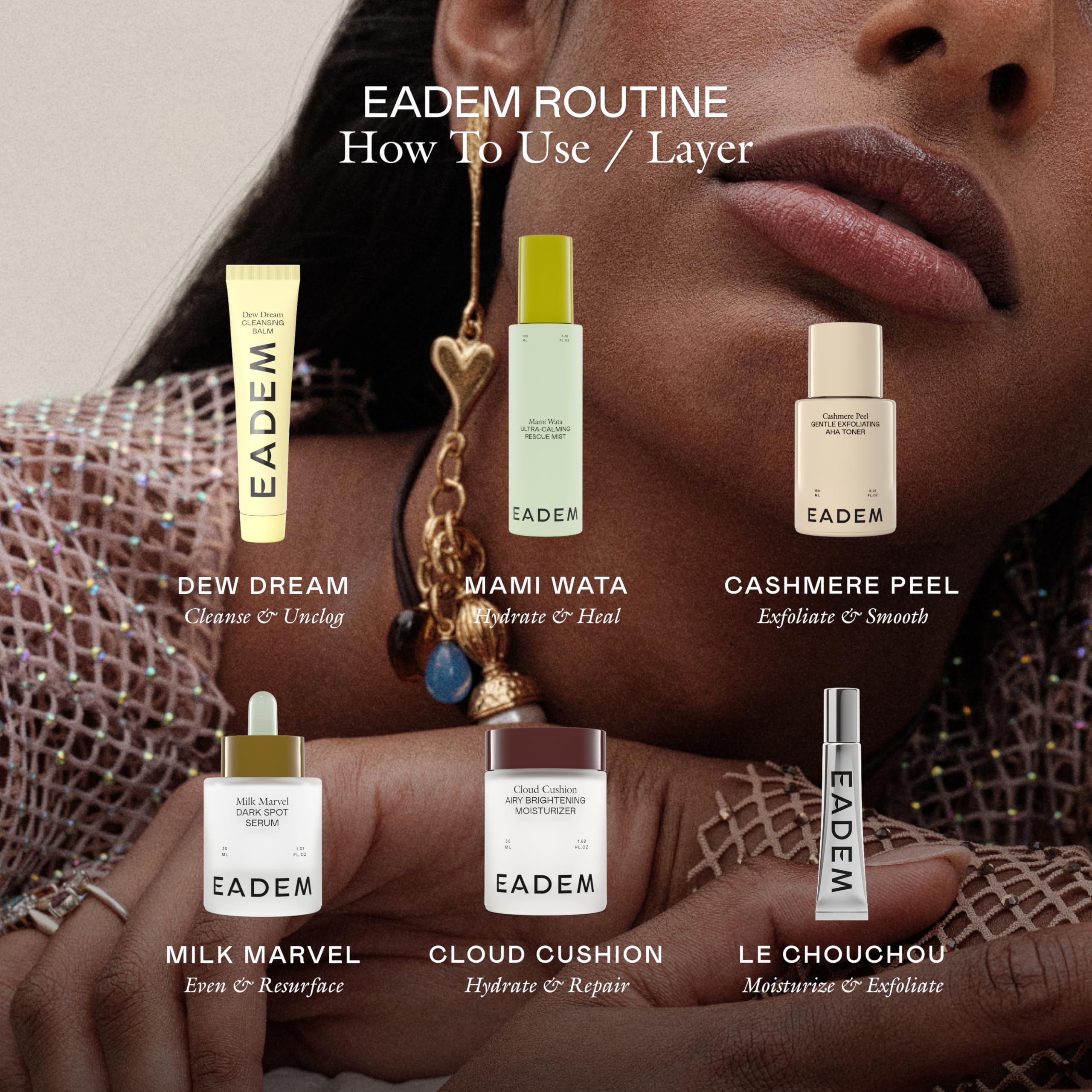 EADEM Mami-Wata skin-appearance shot suggests a calm, refreshed complexion after misting.