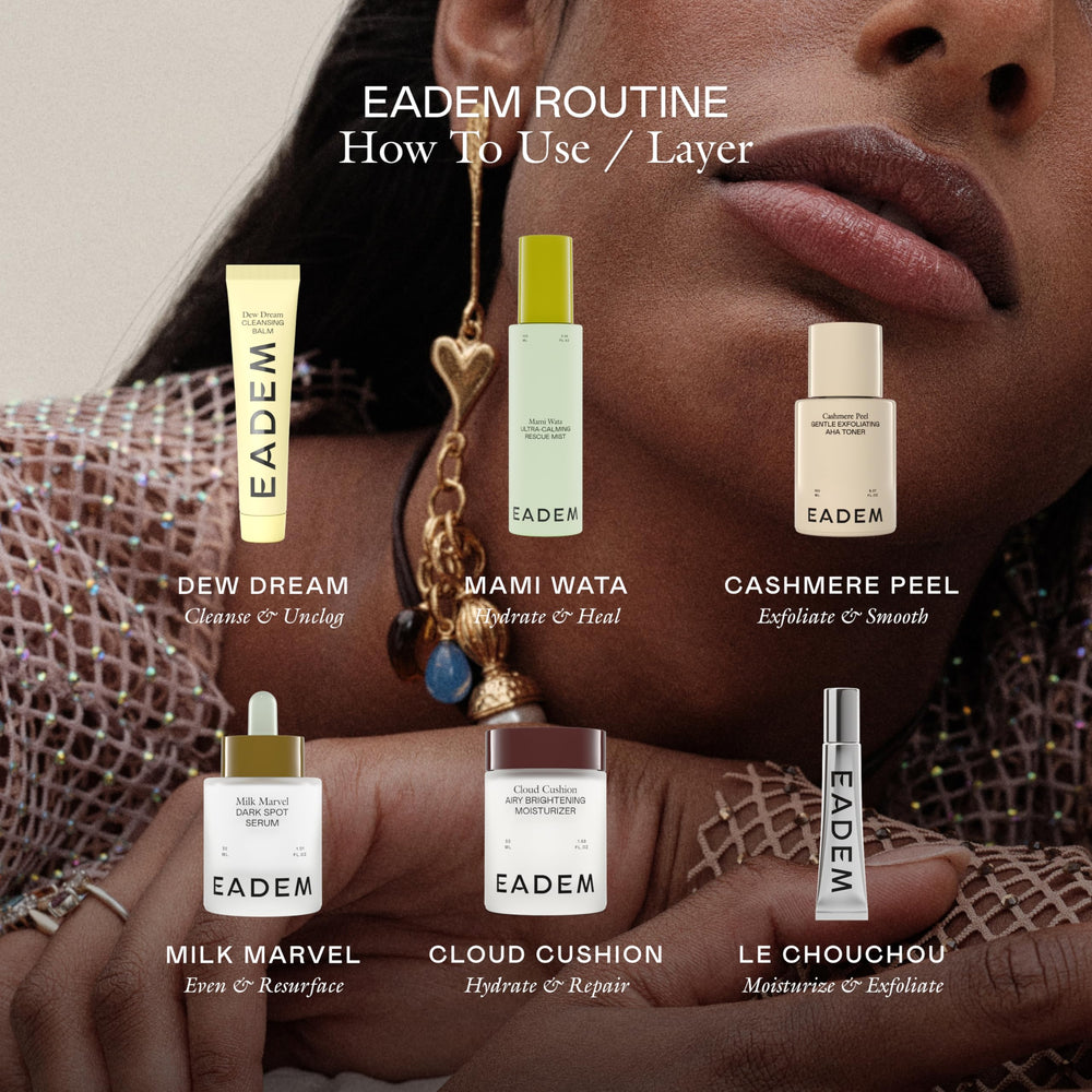 EADEM Mami-Wata skin-appearance shot suggests a calm, refreshed complexion after misting.