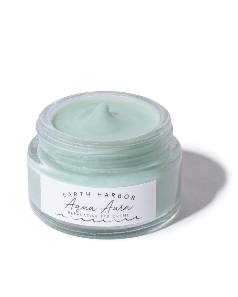 Earth Harbor AQUA AURA eye cream texture highlighting seaweed collagen and blue tansy