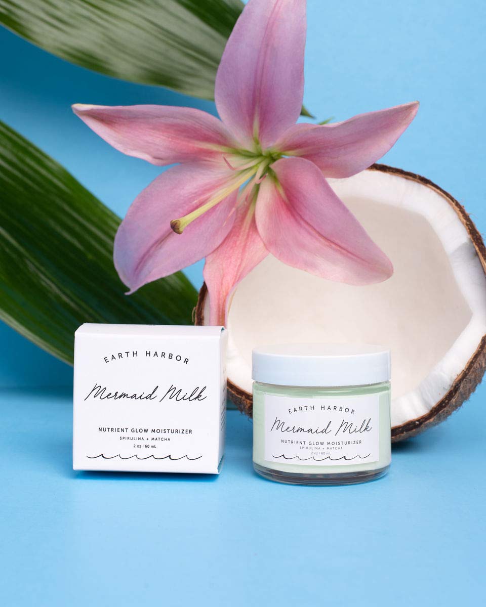 Earth Harbor Mermaid Milk green packaging signals sustainable, plant-based skincare