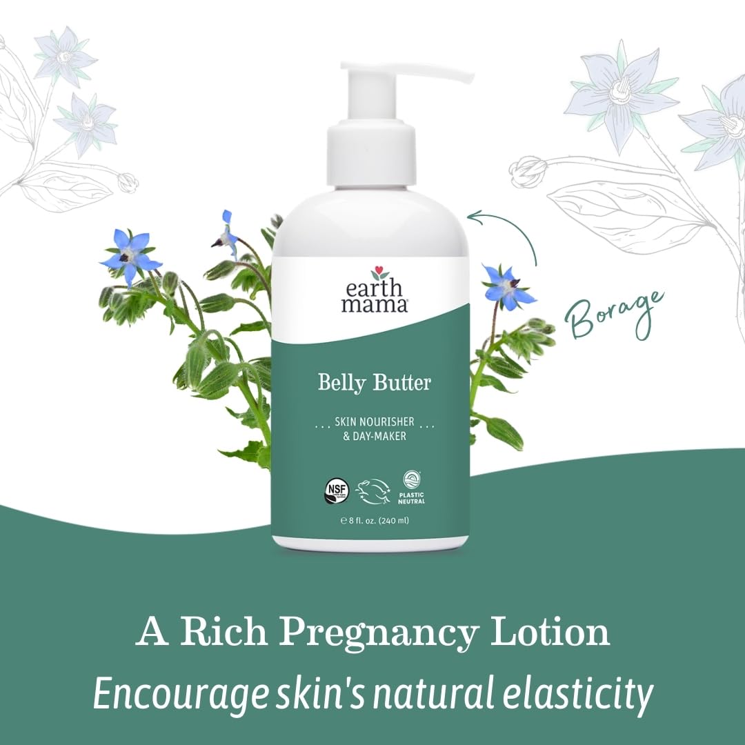 Earth Mama Belly Butter 2-pack displayed beside belly-care routine