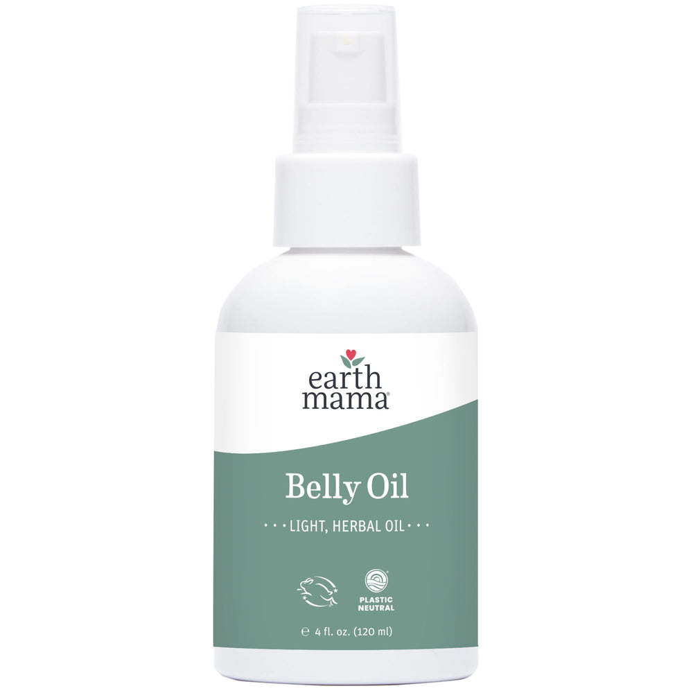 Earth Mama Belly Oil bottle on shelf, hydrating skin for pregnancy needs.