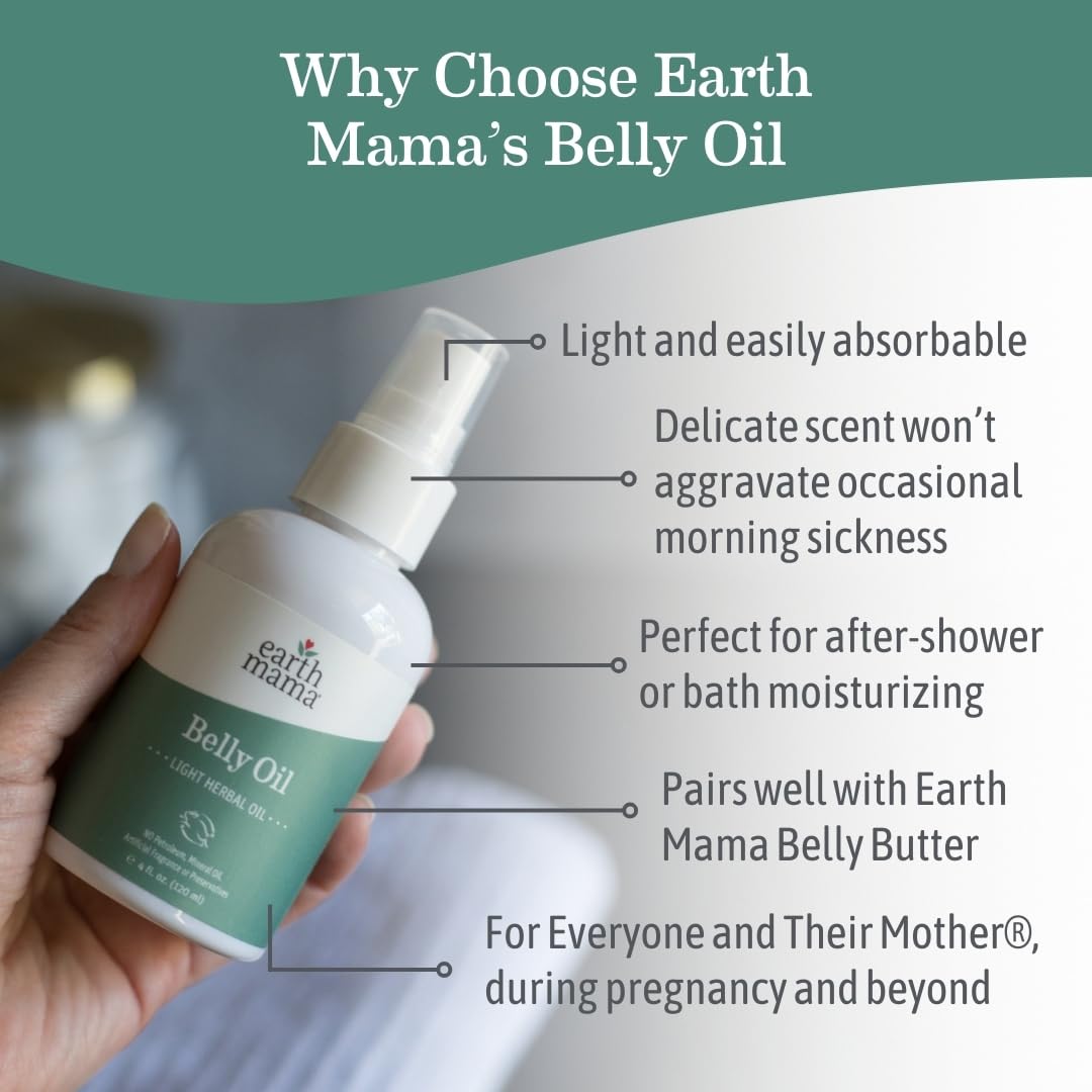 Earth Mama Belly Oil pour closeup showing silky texture for quick hydration.