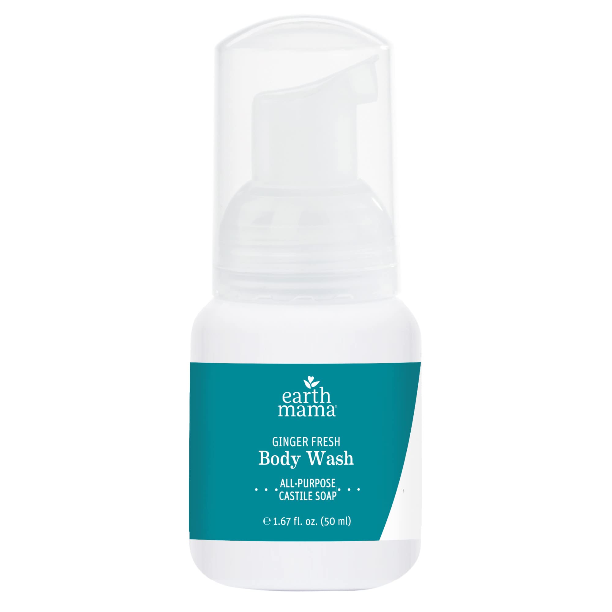Earth Mama organic body wash travel-size bottle, gentle cleansing routine.