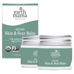 Earth Mama skin scar balm bottle demonstrates fragrance-free postnatal care