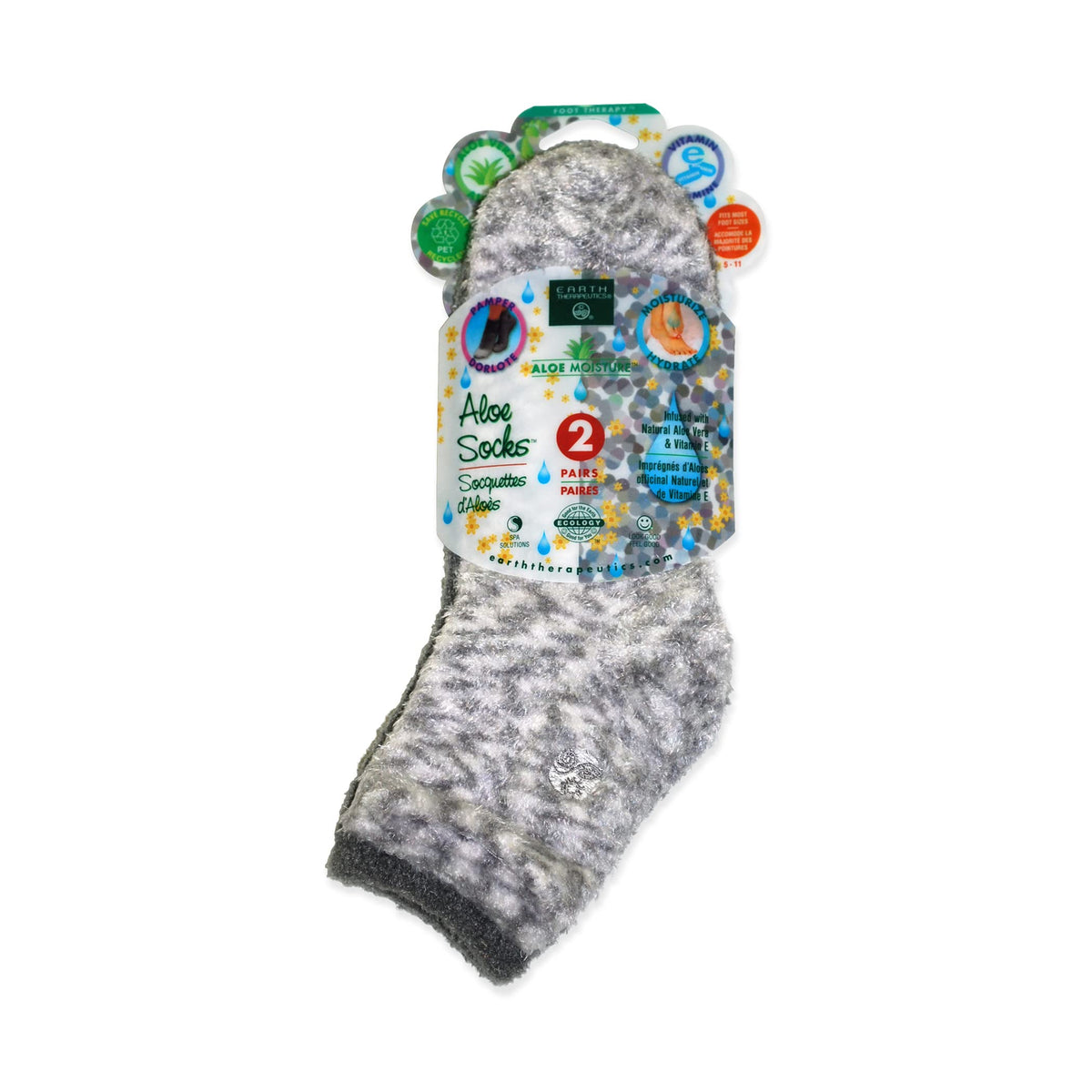 Earth Therapeutics Aloe Socks packaging in grey confetti, ready for moisturizing feet care.