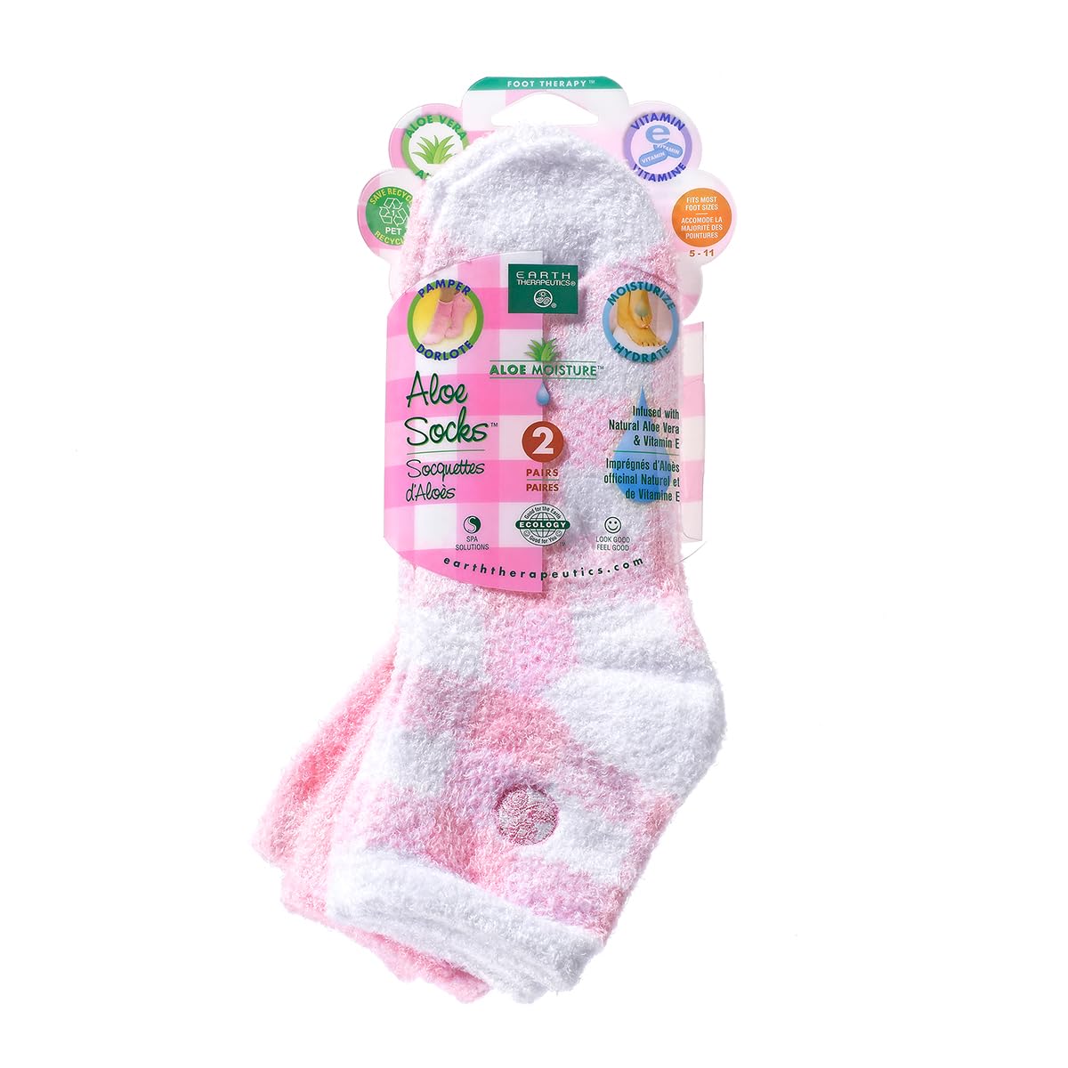 Earth Therapeutics Aloe Socks pink plaid closeup highlights plush moisture.