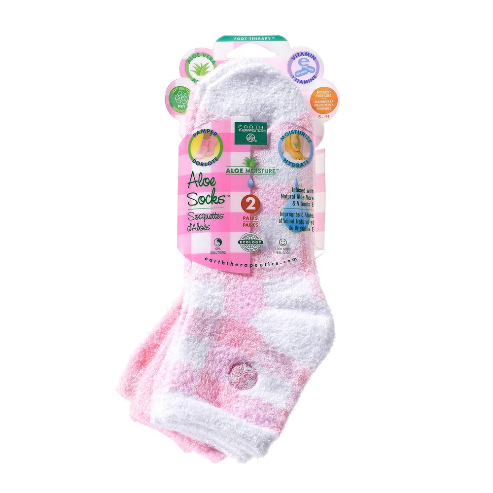 Earth Therapeutics Aloe Socks pink plaid closeup highlights plush moisture.