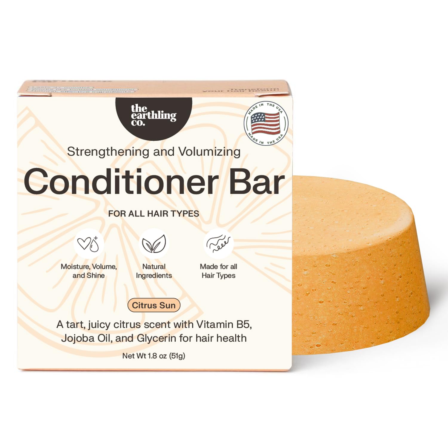 The Earthling Co. Citrus Sun conditioner bar front view showing compact, travel-friendly packaging for quick hydration