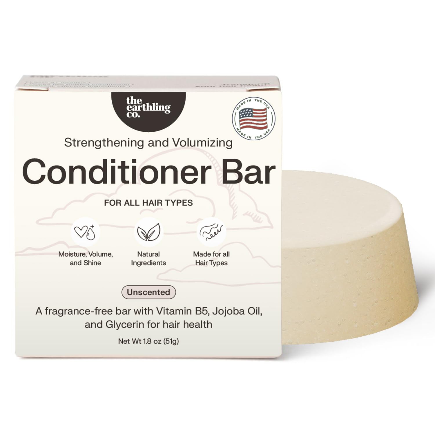 The Earthling Co. conditioner bar packaging highlights eco-friendly design for sustainable hair care.