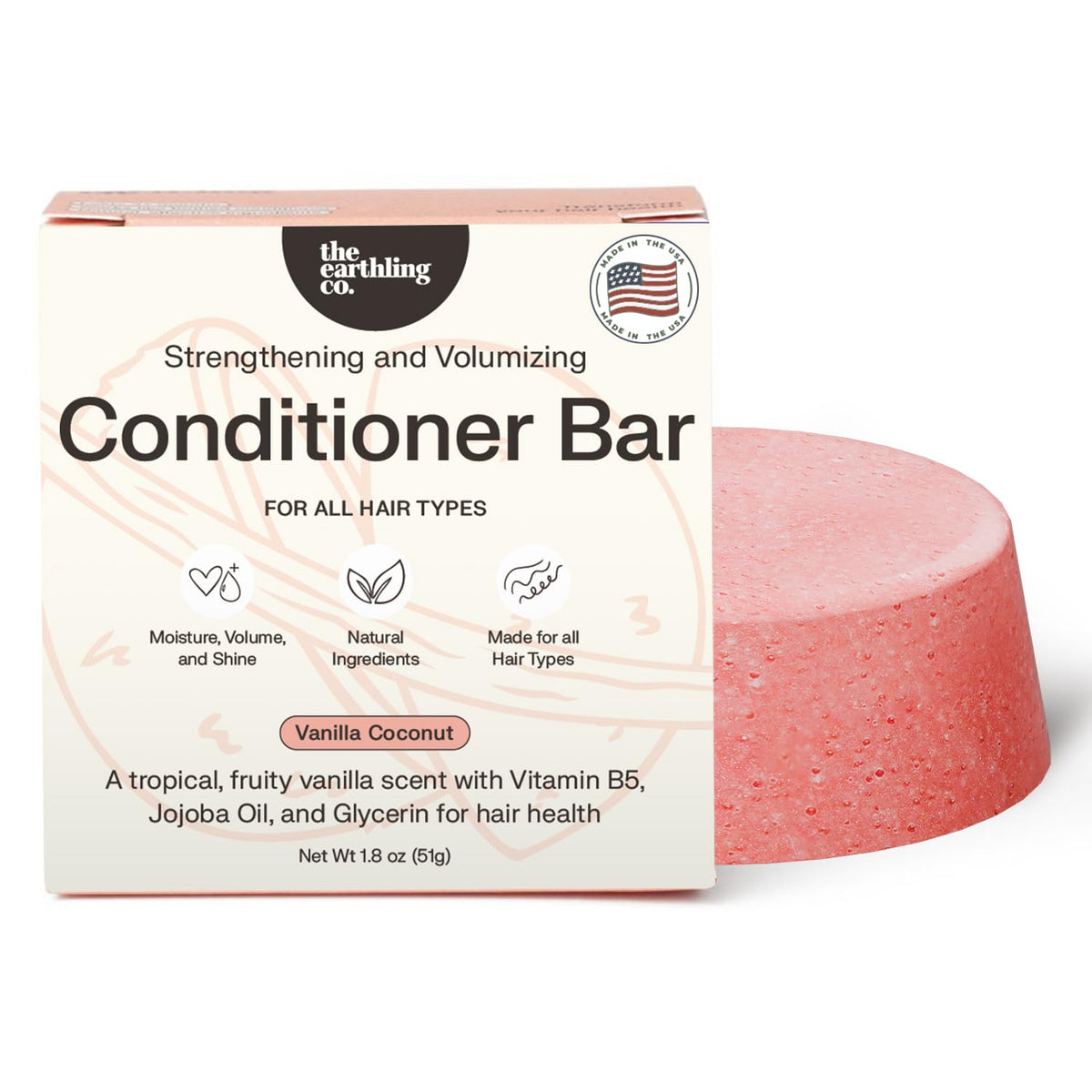 The Earthling Co conditioner bar vanilla coconut packaging highlights vegan eco-friendly hydration for all hair types.