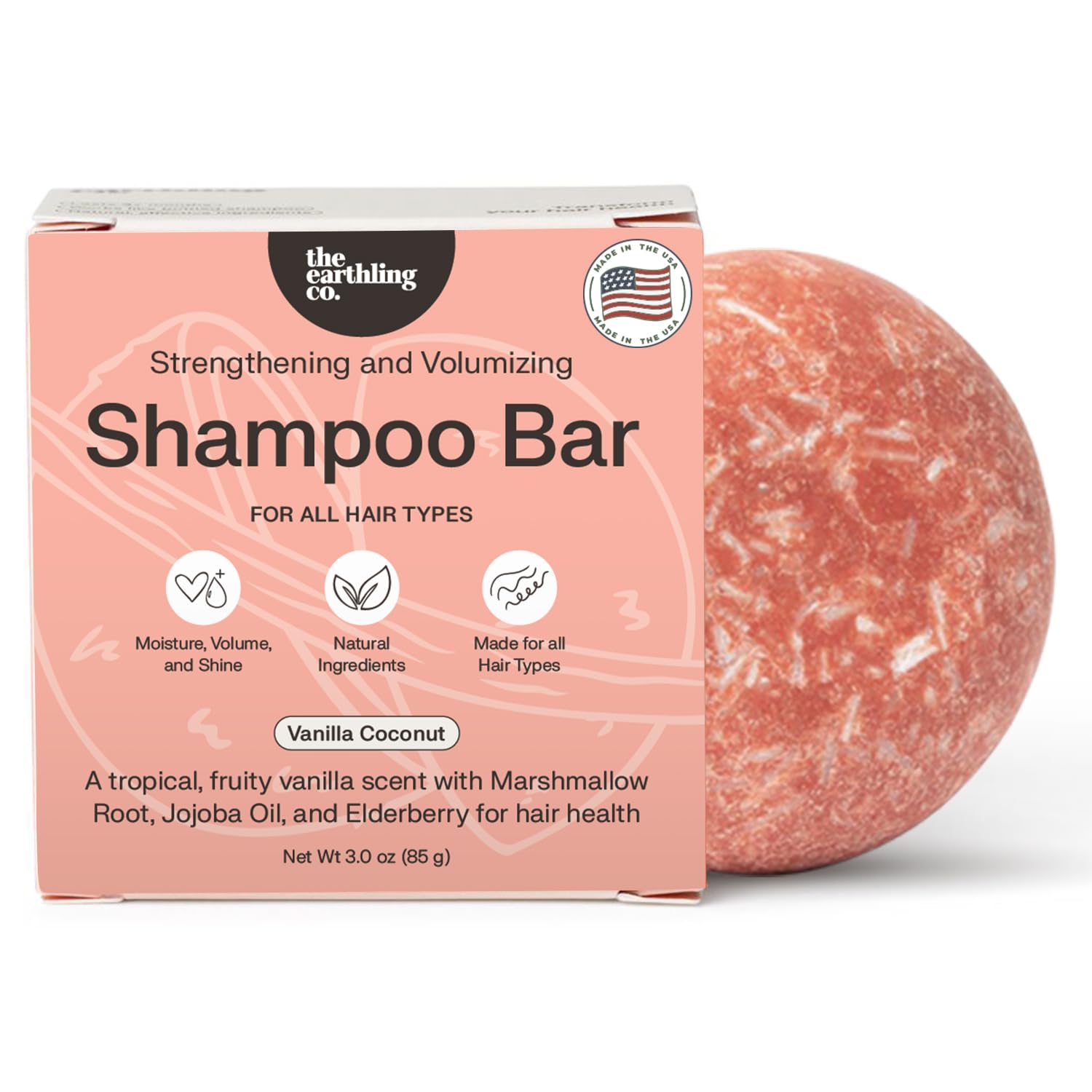 The Earthling Co shampoo bar lathers richly with vanilla coconut scent for gentle cleansing