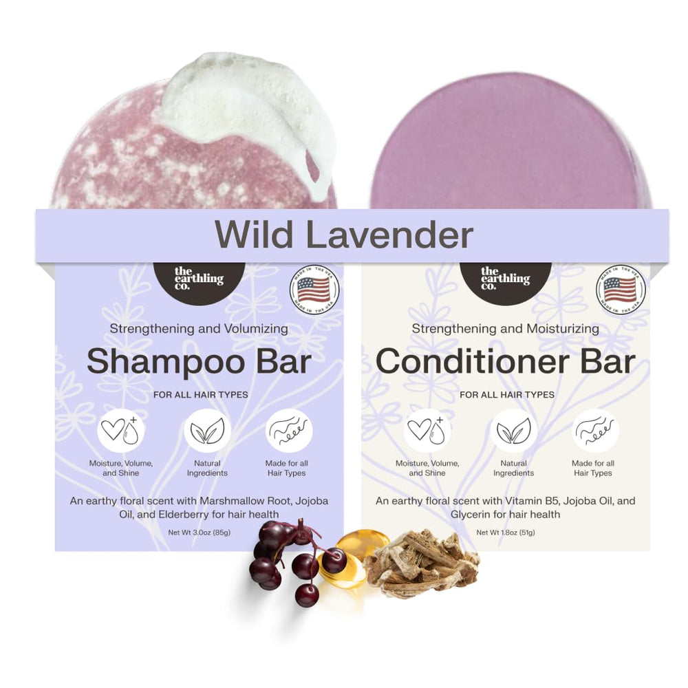 The Earthling Co. shampoo bar with Wild Lavender packaging for sustainable, all-hair care.