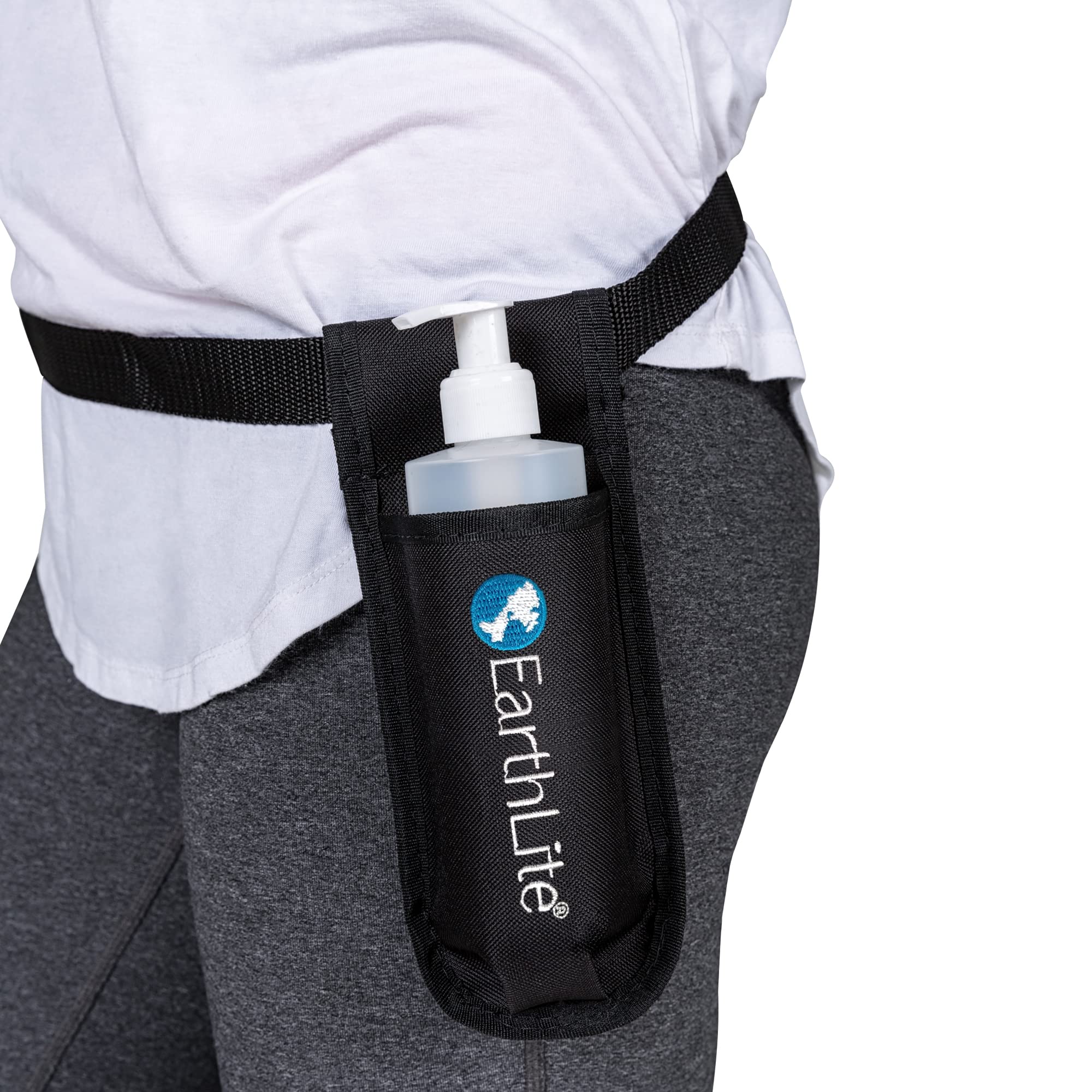EarthLite massage bottle holster on waistband for quick tableside access.