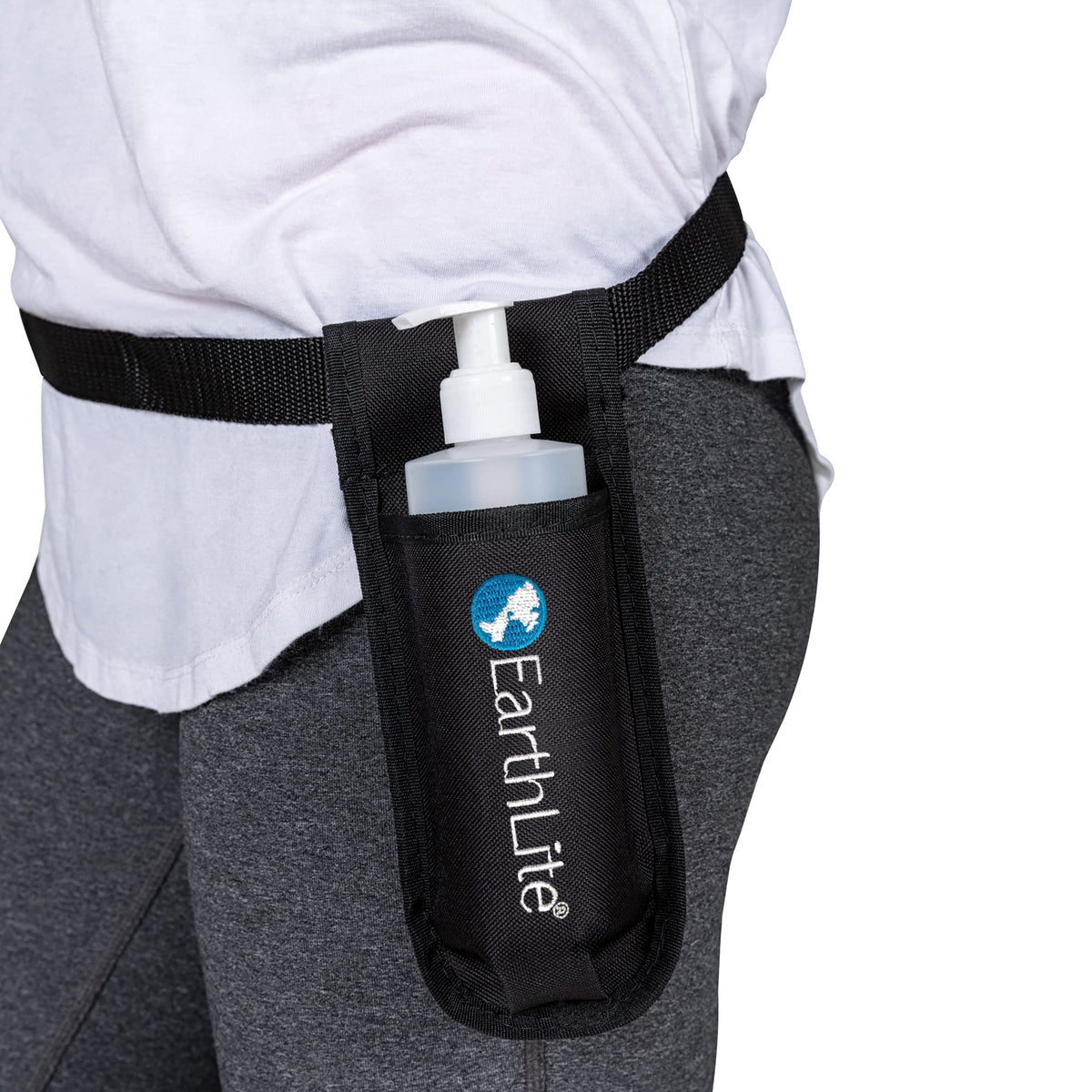 EarthLite massage bottle holster on waistband for quick tableside access.
